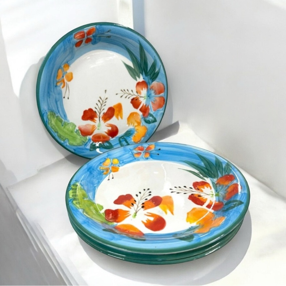 Royal Norfolk Hand Painted Floral Dinner Plates 10.5” Blue Rim Set of 4